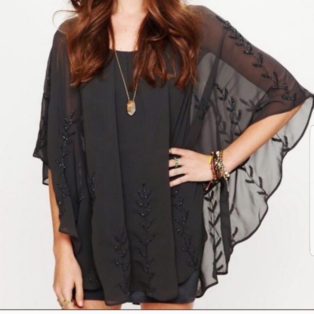 FREE PEOPLE poncho style grey chiffon beaded dress